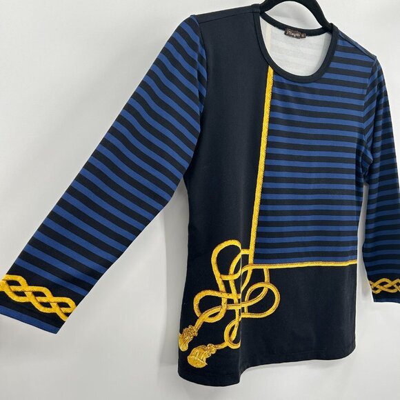 J. MCLAUGHLIN Navy Blue Yellow Nautical Rope Striped Print Long Sleeve Shirt XS - Picture 3 of 5